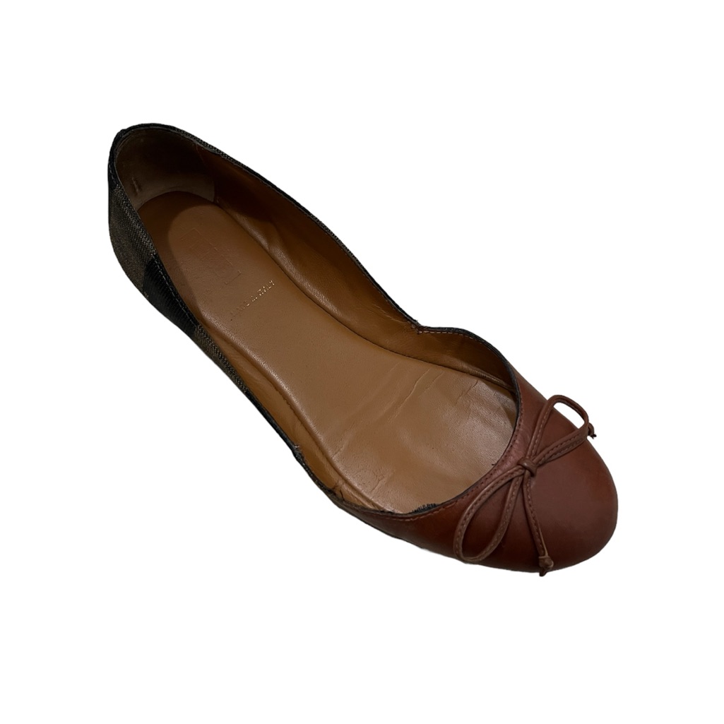 Authentic Fendi Brown Leather & Black Trim Ballet Flat